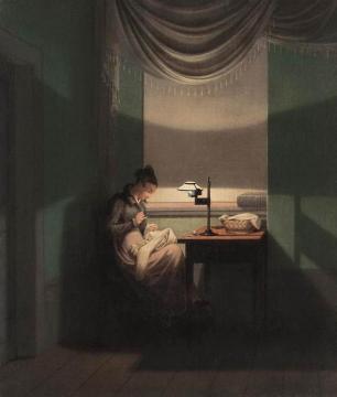 Young Woman Sewing by the Light of a Lamp Artwork by Georg Friedrich Kersting