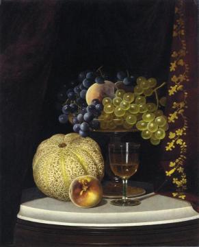 Still Life with Melon, Peach, Fruit-Filled Compote and Glass of Wine on a Marble Table Top Artwork by William Mason Brown