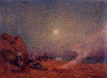Le Pouldu, Woman on the Beach beside a Fire Artwork by Ferdinand du Puigaudeau