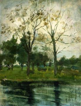 Two Trees Silhouetted behind a Water Course Artwork by Piet Mondrian