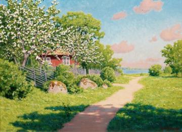 Summer landscape with blooming fruit trees Artwork by Johan Krouthén