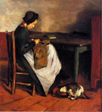 Girl Sewing with Cat - Dutch Interior Artwork by Max Liebermann