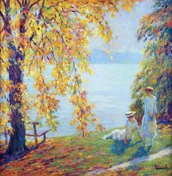 Two Girls in White Beside a Lake in Autumn Artwork by Edward Cucuel