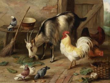 A Goat, Chicken And Doves In A Stable Artwork by Edgar Hunt