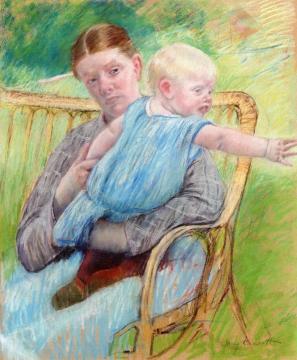 Mathilde Holding a Baby Who Reaches out to the Right Artwork by Mary Cassatt