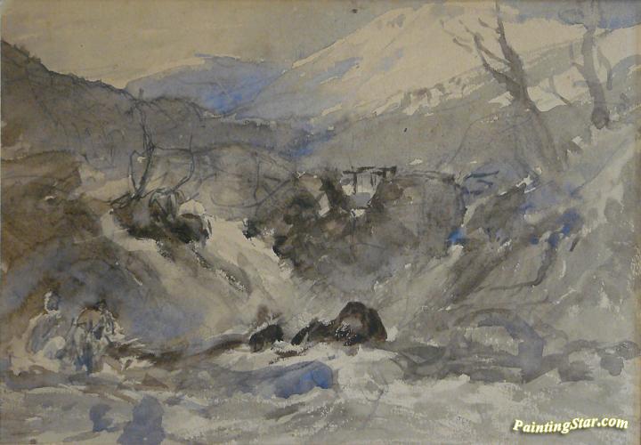 Sketch of a river in a montainous landscape Artwork by William James Muller