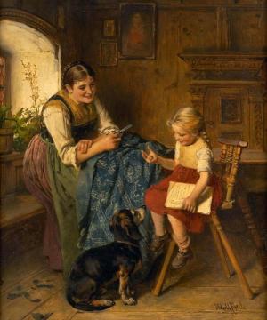 Family Scene With Young Mother, Child And Dog Artwork by Adolf Eberle