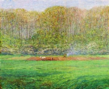 Spring Landscape with a Farmer and White Horse Artwork by Dwight W. Tryon