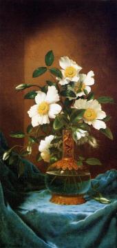 White Cherokee Roses in a Salamander Vase Artwork by Martin Johnson Heade