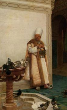 A Grand White Enuch Watching Doves Artwork by Jehan Georges Vibert