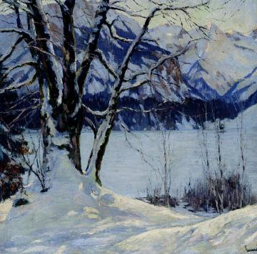 A Frozen Lake in a Mountainous Winter Landscape Artwork by Edward Cucuel