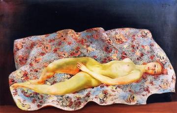 Nude Reclining on a Flowered Carpet Artwork by Moise Kisling