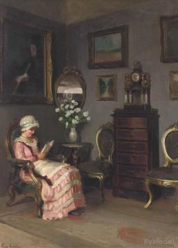 A Lady Reading In An Interior Artwork by Emil Pap