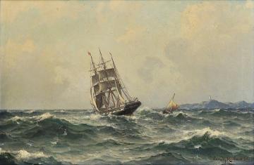 Sailing ship and pilot boat Artwork by Lauritz Haaland