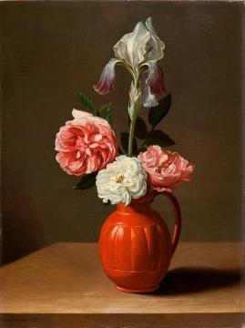 An iris and three roses in an earthenware pot Artwork by Jacob Foppens van Es