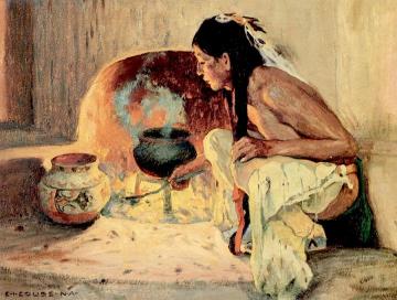 A Pueblo Fireplace Artwork by E. Irving Couse