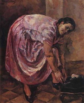 Portrait of Natalia Konchalovsky, the artist's daughter, in pink dress Artwork by Pyotr Konchalovsky