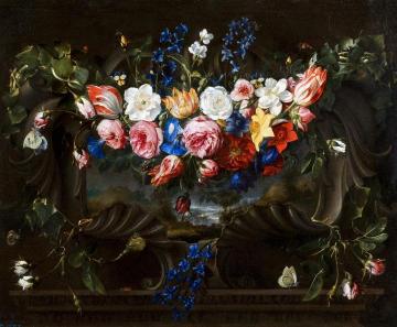 Garland Of Flowers In A Cartouche With A Landscape Behind Artwork by Juan de Arellano