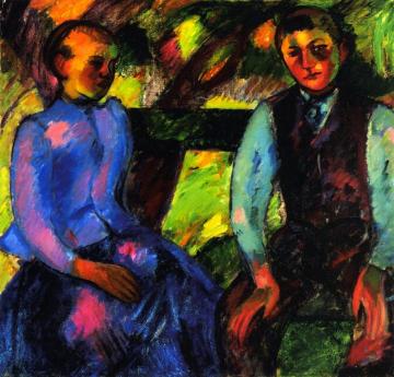 Boy And Girl On A Green Bench Artwork by Odon Márffy