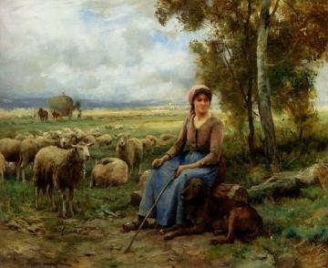 Shepherdess Watching Over Her Flock Artwork by Julien Dupre