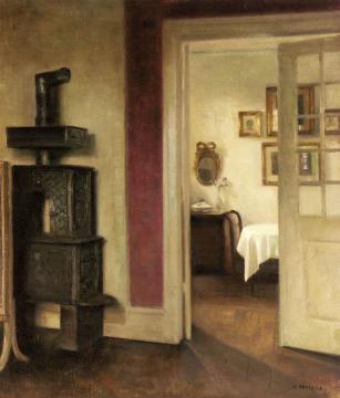 An Interior with a Stove and a View into a Dining Room Artwork by Carl Vilhelm Holsoe