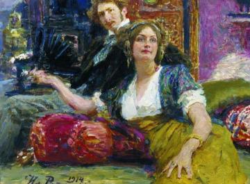 Portrait of poet, prose writer, translator and dramatist Sergei Mitrofanovich Gorodetsky with his wife. Artwork by Ilya Yefimovich Repin