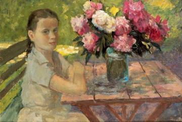 Girl with Peonies Artwork by Nikolai Petrovich Bogdanov-belsky