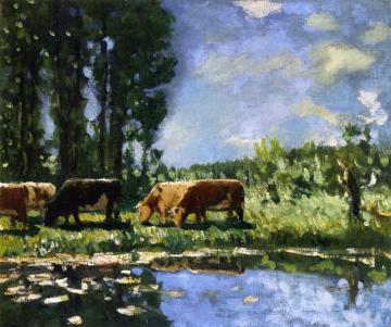 Cows on the Banks of a Pond Artwork by Pierre Eugène Montézin