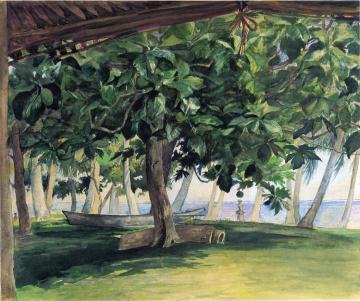 View from Hut, at Vaiala in Upolu, Bread Fruit Tree, War Drums and Canoe, Nov. 19th, 1890 Artwork by John La Farge
