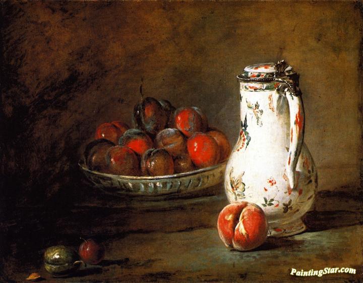 Bowl of Plums, a Peach and Water Pitcher Artwork by Jean-Baptiste-Simeon Chardin