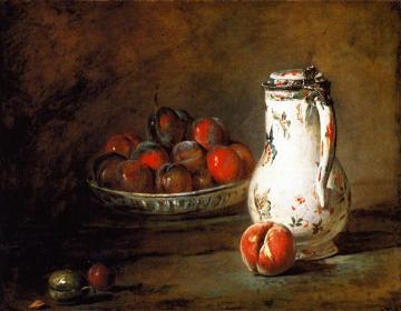 Bowl of Plums, a Peach and Water Pitcher Artwork by Jean-Baptiste-Simeon Chardin