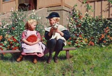 Children with cat Artwork by Johan Krouthén