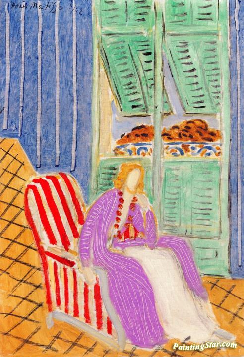 Violet Oriental Robe over a White Dress, at the Window Artwork by Henri Matisse
