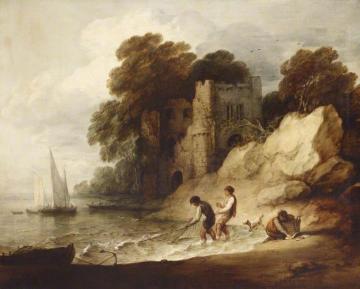 Rocky Coastal Scene with a Ruined Castle, Boats and Fishermen Artwork by Thomas Gainsborough