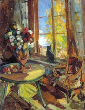 Black Cat at a Windowsill Artwork by Constantin Alexeevich Korovin
