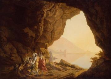 Grotto By The Seaside In The Kingdom Of Naples With Banditti, Sunset Artwork by Joseph Wright of Derby