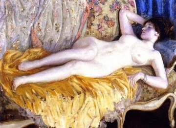 Lady On A Gold Couch Artwork by Frederick Carl Frieseke