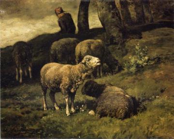 Grazing Sheep with a Sheperdhess Beyond Artwork by Charles-Émile Jacque