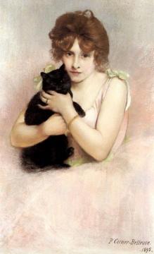 Young Ballerina Holding A Black Cat Artwork by Pierre Carrier-Belleuse