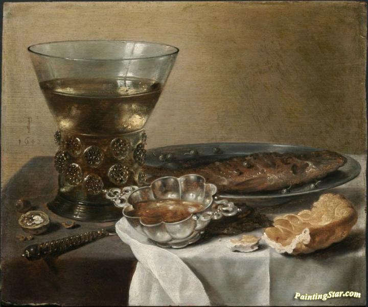 Still Life with Silver Brandy Bowl, Wine Glass, Herring and Bread Artwork by Pieter Claesz