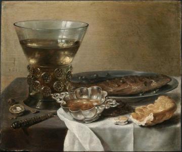 Still Life with Silver Brandy Bowl, Wine Glass, Herring and Bread Artwork by Pieter Claesz