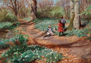 Kids picking anemones and violets in a forest with unfolding beeches Artwork by Peder Mork Monsted