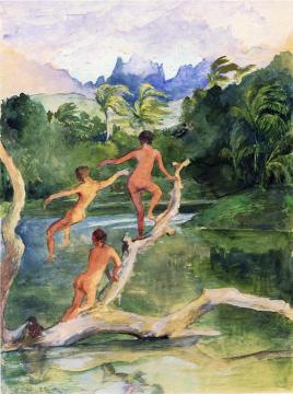 Girls Bathing on the Shore near Papeete in an Outlet of the River Fautaua.  The Diadem or Crown Mountain in Distance. Northwest  Artwork by John La Farge