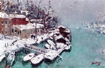 Train of Barges in the Snow Artwork by Pierre Eugène Montézin