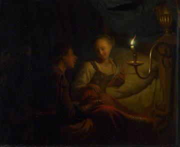 A Candlelight Scene: A Man offering a Gold Chain and Coins to a Girl seated on a Bed Artwork by Godfried Schalcken