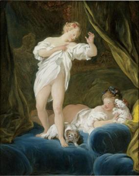 Two Girls on a Bed Playing with their Dogs Artwork by Jean Honore Fragonard