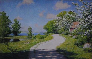 Cottage with lake and trees Artwork by Johan Krouthén