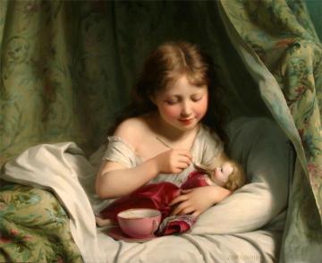 Girl Feeding Her Doll Artwork by Fritz Zuber-Buhler
