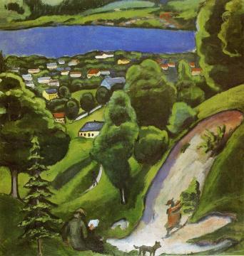 Tegernsee Landscape with Man Reading and Dog Artwork by August Macke