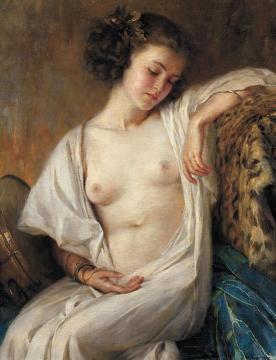 Sitting Nude With Tambourine And Leopard Fur Artwork by Robert Auer